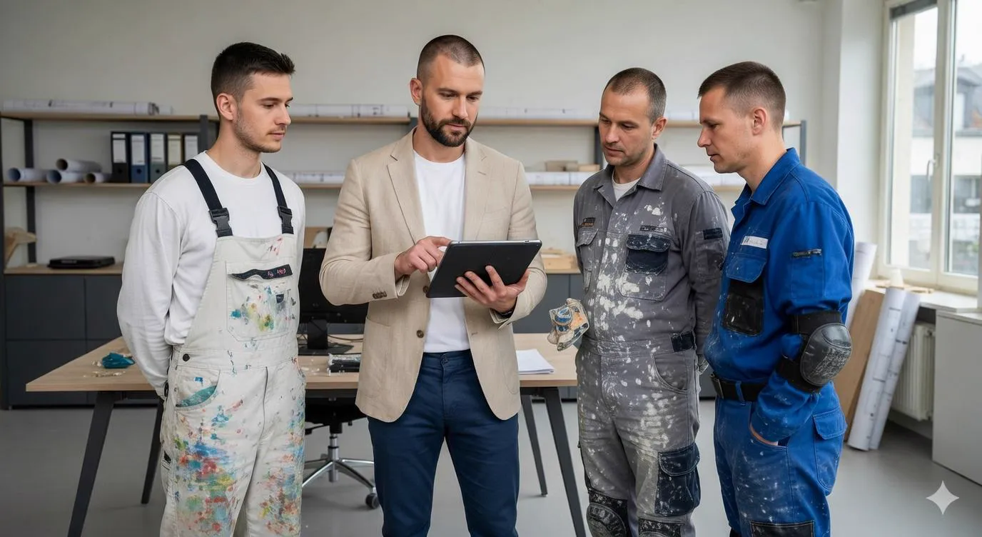 BLOC Projektleiter bespricht den Ablauf mit Maler, Gipser und Sanit&auml;r am Tablet