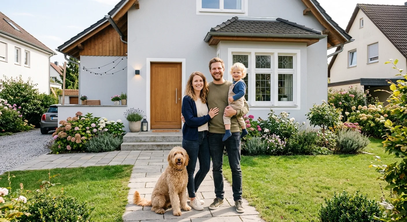 Familie vor ihrem Einfamilienhaus &mdash; Unterhalt, Reinigung und Reparaturen im Privathaushalt, koordiniert von BLOC